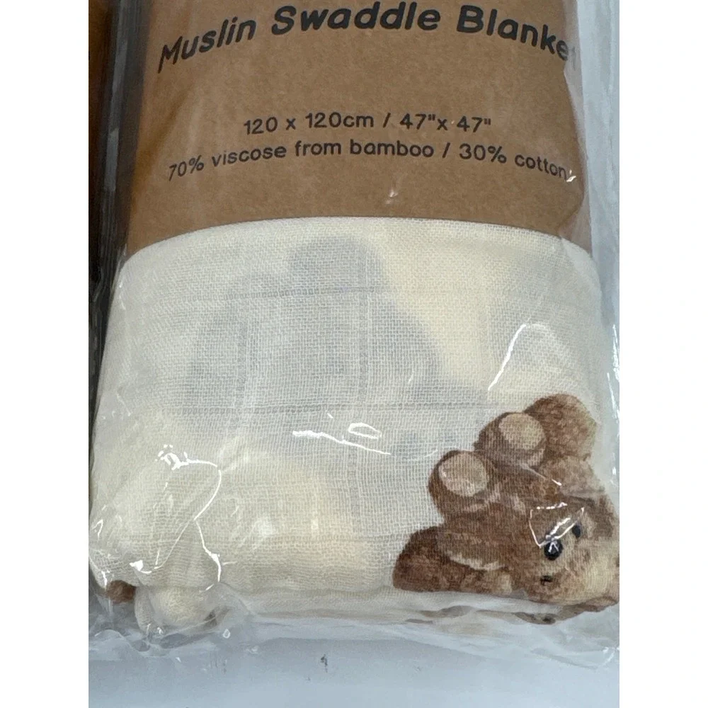 LifeTree Muslin Swaddle Blanket Set 2pk Bamboo Cotton Bears Checkered 47x47